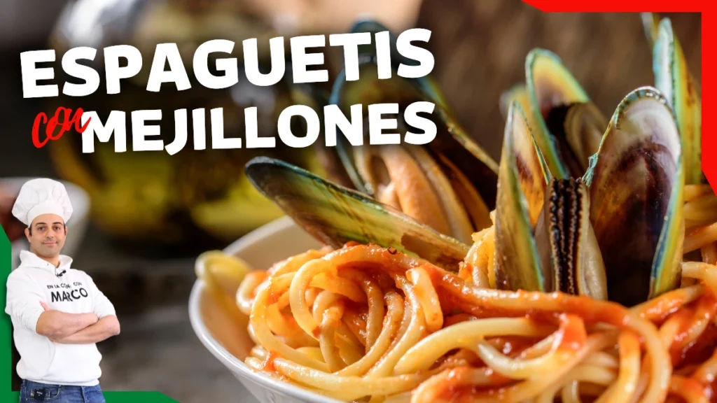 Espaguetis con mejillones en salsa de tomate
